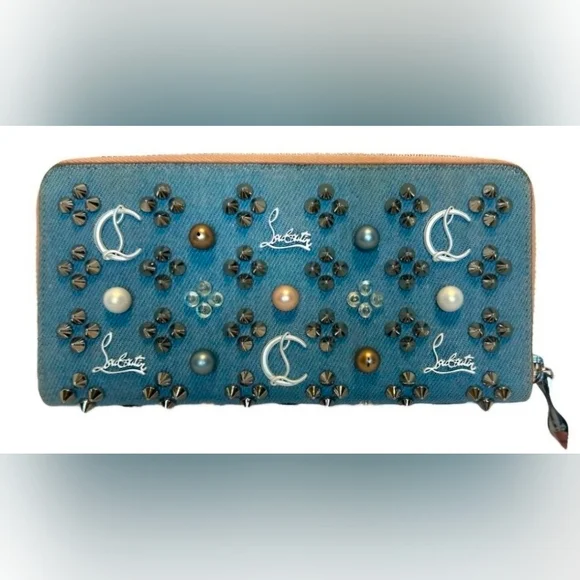 Christian Louboutin Blue Denim Mix Pearl Panettone Continental Wallet - Picture 2 of 6